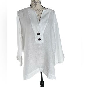 Women's ZARA White 100% Linen 3/4 Sleeve Button V-Neck Top Size large